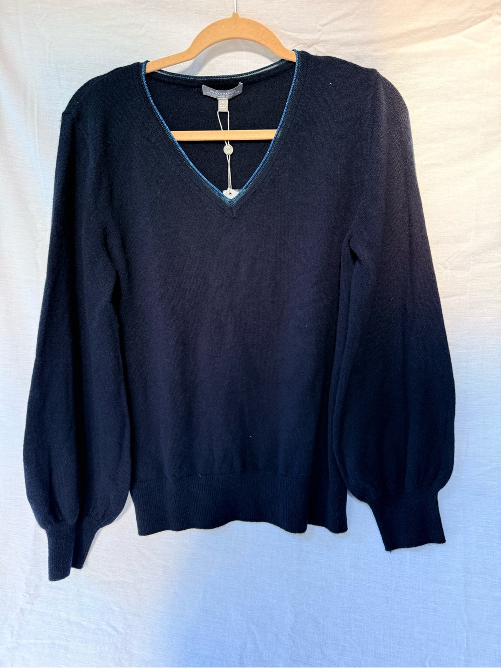 Neiman Marcus Black V-Neck Sweater with Blue Trim